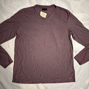 New Guess Burgundy Striped Long Sleeve Shirt V Neck XXL